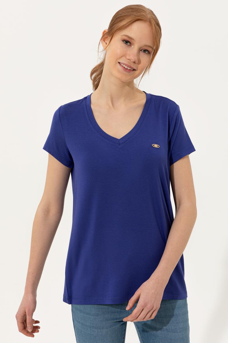 Kadın Mavi V Yaka Basic Tişört - 50246033047