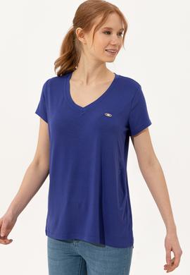 Kadın Mavi V Yaka Basic Tişört - 50246033047