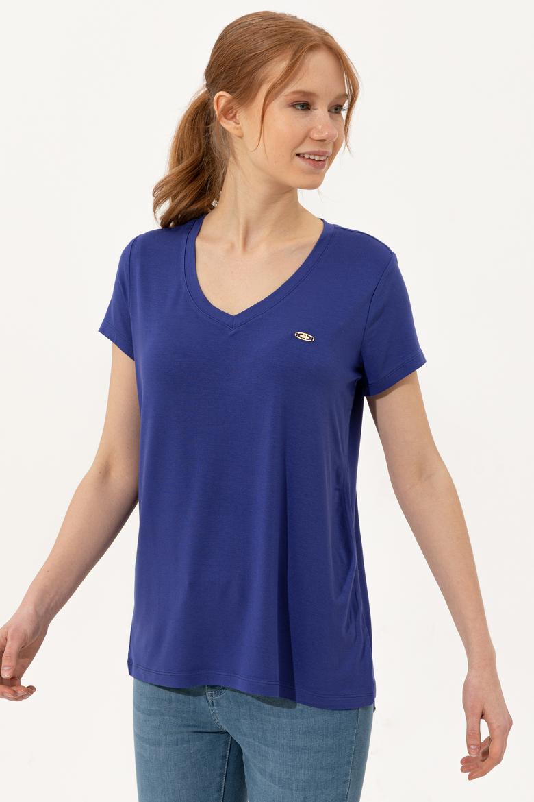 Kadın Mavi V Yaka Basic Tişört - 50246033047