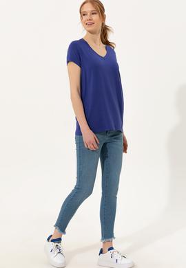 Kadın Mavi V Yaka Basic Tişört - 50246033047