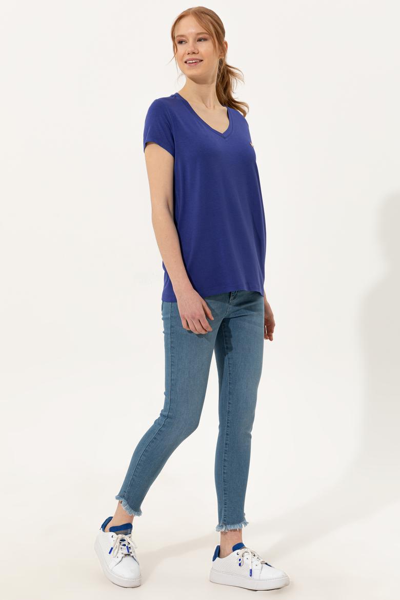 Kadın Mavi V Yaka Basic Tişört - 50246033047