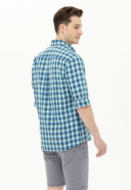 Erkek Kareli Saks Gömlek - 50264419005
