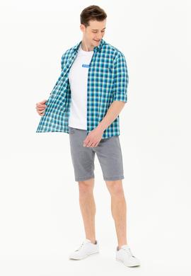 Erkek Kareli Saks Gömlek - 50264419005
