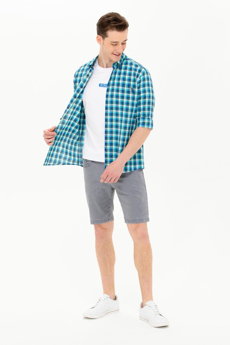 Erkek Kareli Saks Gömlek - 50264419005