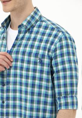 Erkek Kareli Saks Gömlek - 50264419005