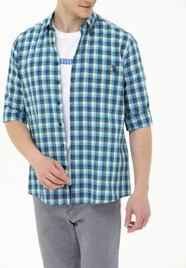 Erkek Kareli Saks Gömlek - 50264419005