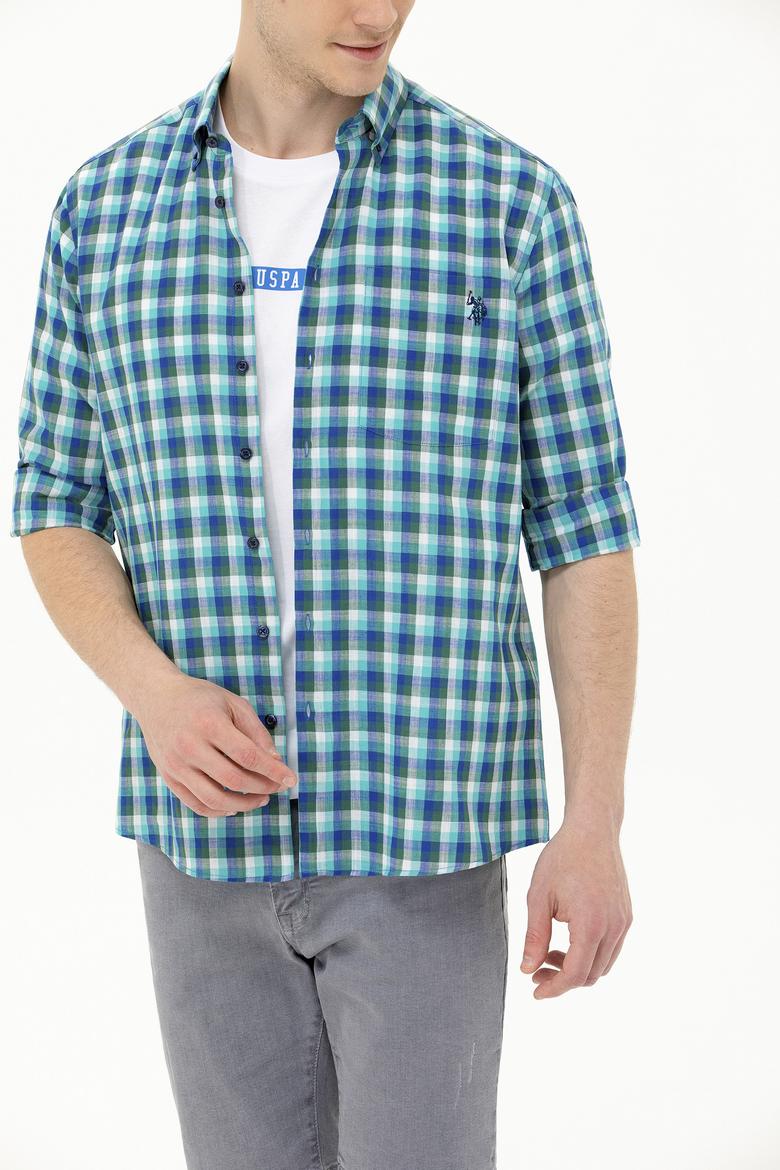 Erkek Kareli Saks Gömlek - 50264419005