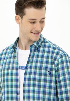Erkek Kareli Saks Gömlek - 50264419005