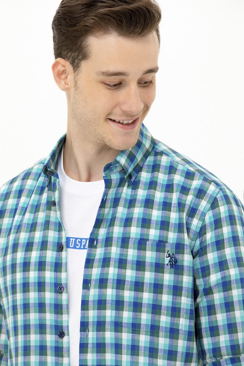 Erkek Kareli Saks Gömlek - 50264419005