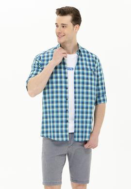 Erkek Kareli Saks Gömlek - 50264419005