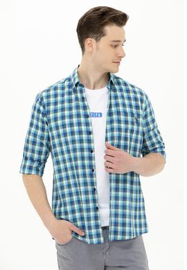 Erkek Kareli Saks Gömlek - 50264419005