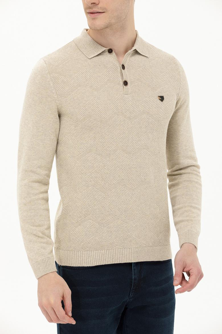 Erkek Taş Melanj Polo Yaka Triko Kazak - 50253695033