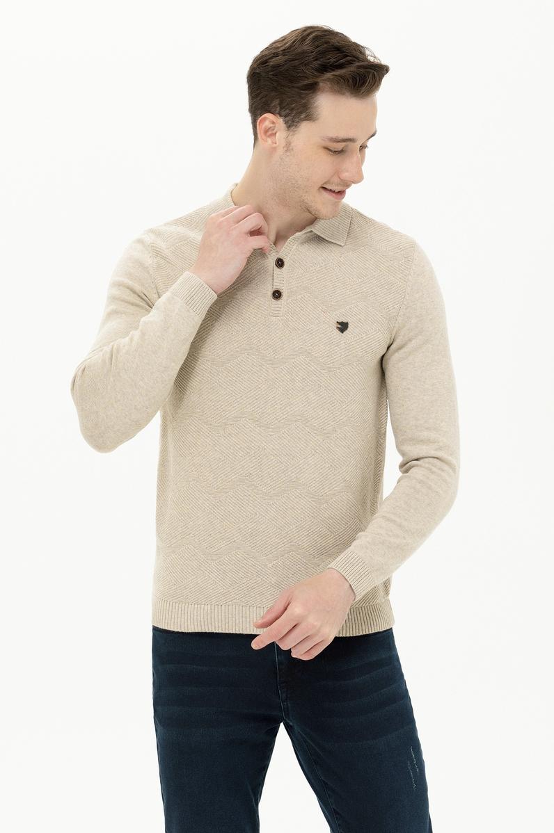 Erkek Taş Melanj Polo Yaka Triko Kazak