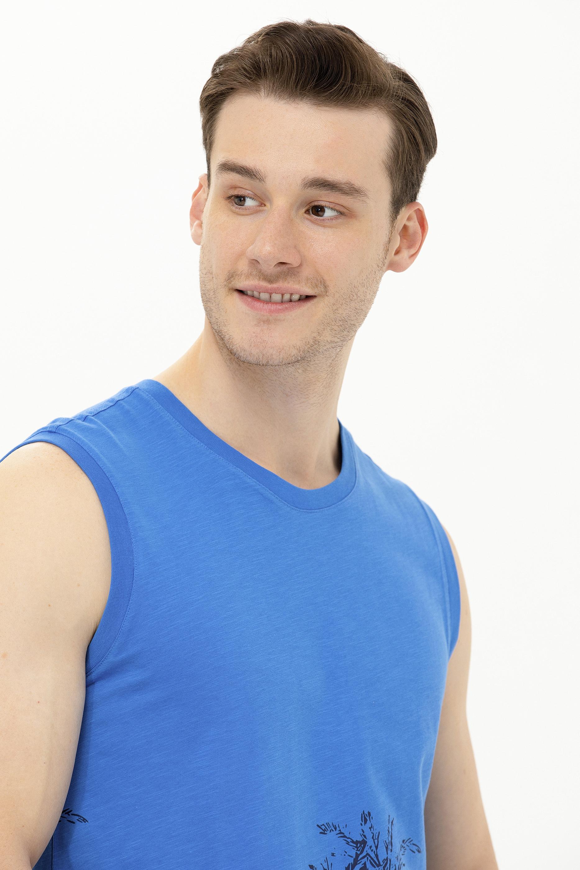 Erkek Saks Bisiklet Yaka Kolsuz Tişört