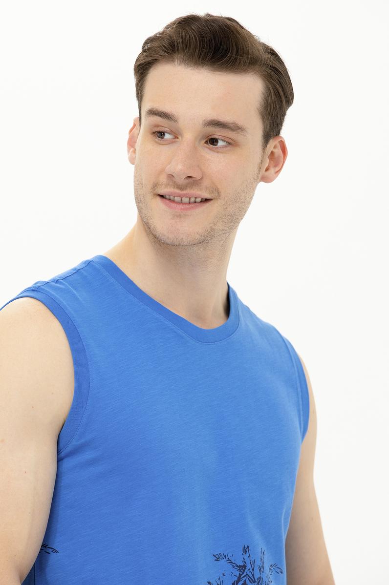 Erkek Saks Bisiklet Yaka Kolsuz Tişört