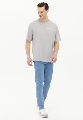 Erkek Gri Oversize Bisiklet Yaka Tişört - 50264919061