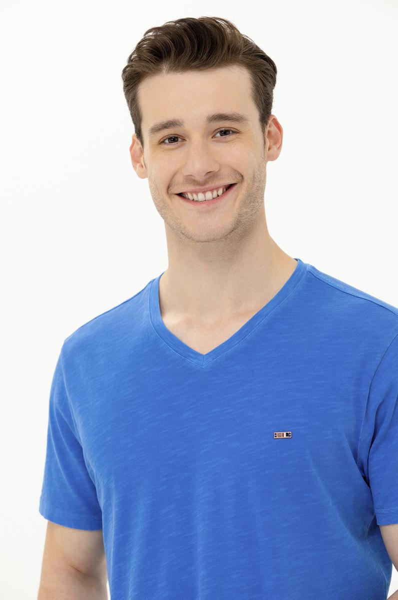 Erkek Saks Basic V Yaka Tişört