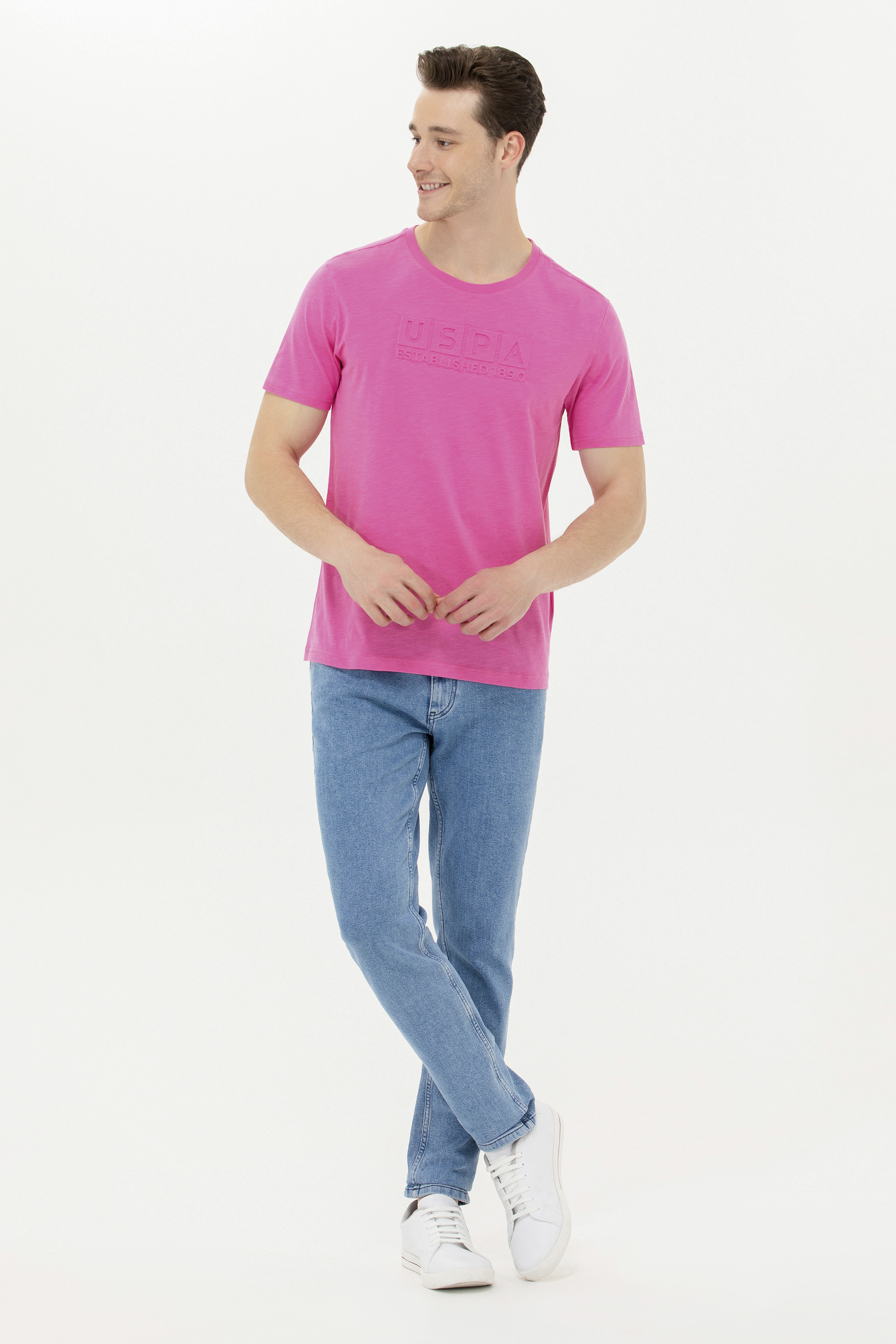 Erkek Pembe Bisiklet Yaka Tişört - Image 4