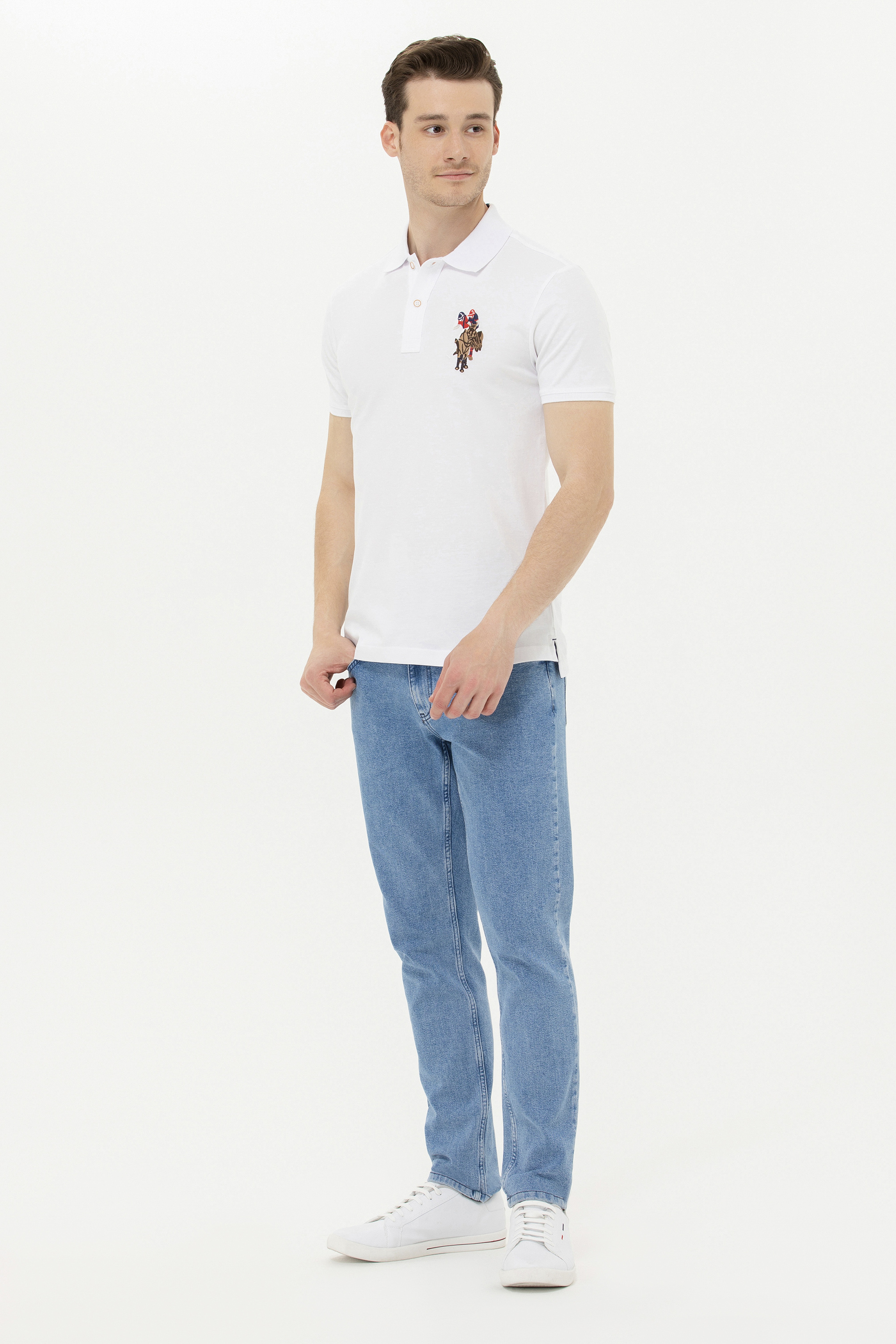 Erkek Beyaz Basic Polo Yaka Tişört - Image 4