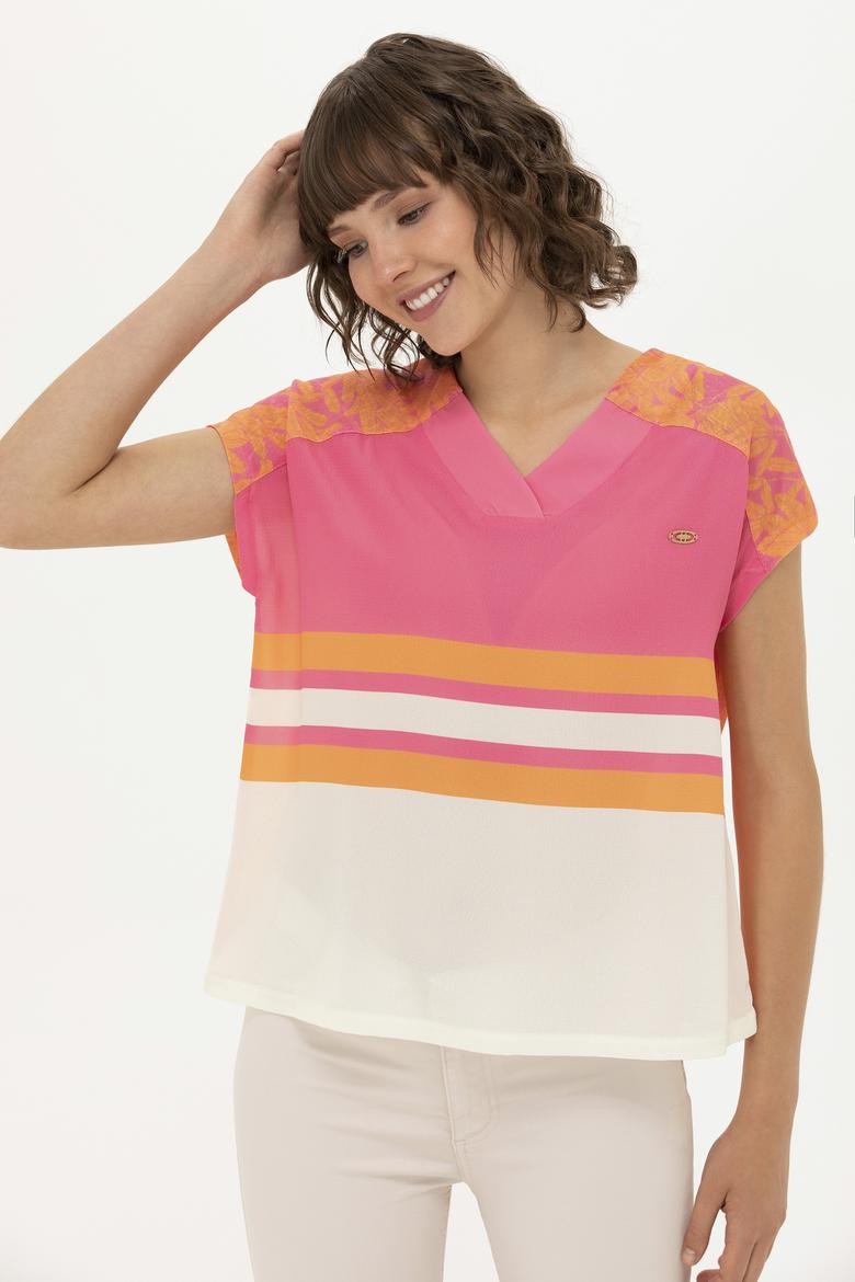 Kadın Pembe V Yaka Tişört - 50263602028
