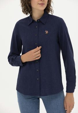 Kadın Lacivert Keten Görünümlü Uzun Kollu Basic Gömlek - 50262873017