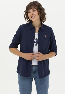 Kadın Lacivert Keten Görünümlü Uzun Kollu Basic Gömlek - 50262873017