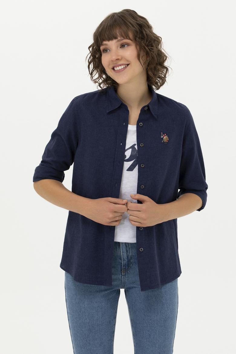 Kadın Lacivert Keten Görünümlü Uzun Kollu Basic Gömlek