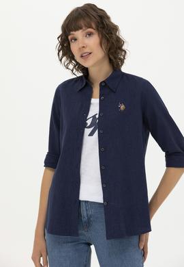 Kadın Lacivert Keten Görünümlü Uzun Kollu Basic Gömlek - 50262873017