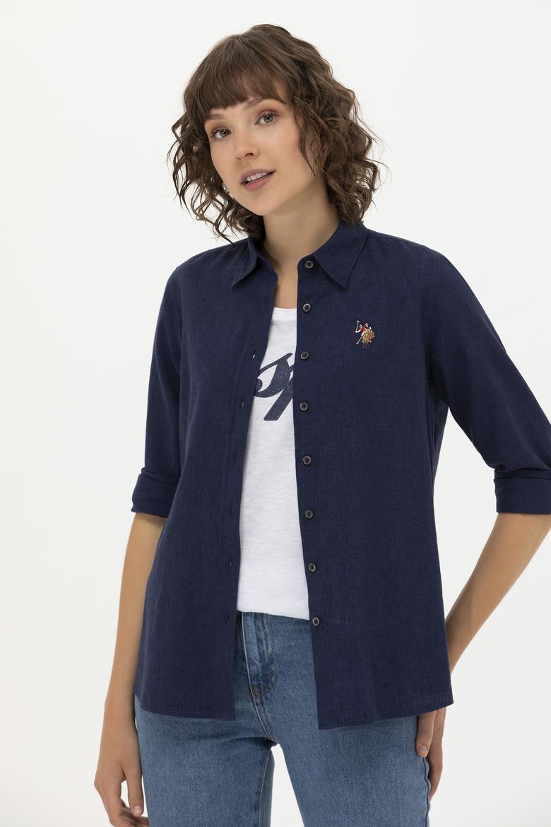Kadın Lacivert Keten Görünümlü Uzun Kollu Basic Gömlek - 50262873017