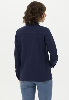 Kadın Lacivert Keten Görünümlü Uzun Kollu Basic Gömlek - 50262873017