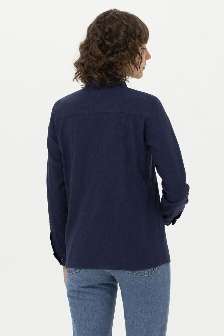 Kadın Lacivert Keten Görünümlü Uzun Kollu Basic Gömlek - 50262873017