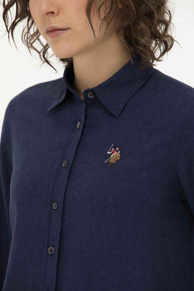 Kadın Lacivert Keten Görünümlü Uzun Kollu Basic Gömlek - 50262873017