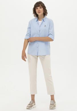 Kadın Mavi Keten Görünümlü Uzun Kollu Basic Gömlek - 50262873039