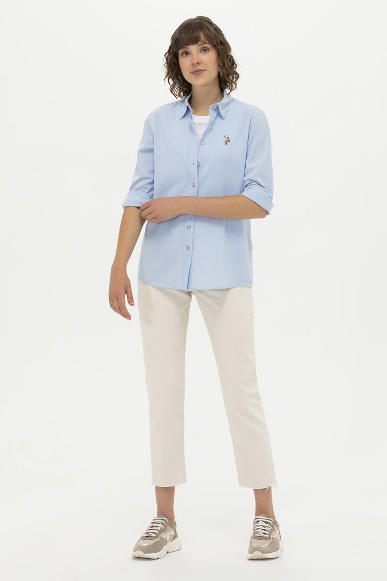 Kadın Mavi Keten Görünümlü Uzun Kollu Basic Gömlek - 50262873039