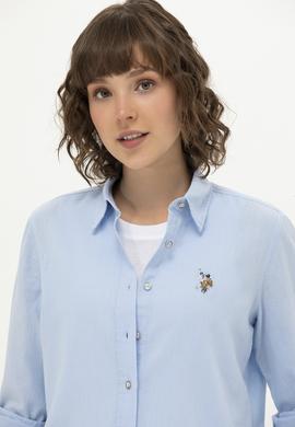 Kadın Mavi Keten Görünümlü Uzun Kollu Basic Gömlek - 50262873039