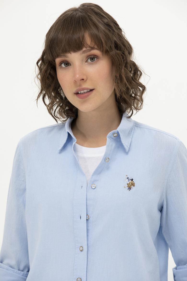 Kadın Mavi Keten Görünümlü Uzun Kollu Basic Gömlek - 50262873039