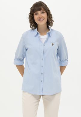 Kadın Mavi Keten Görünümlü Uzun Kollu Basic Gömlek - 50262873039