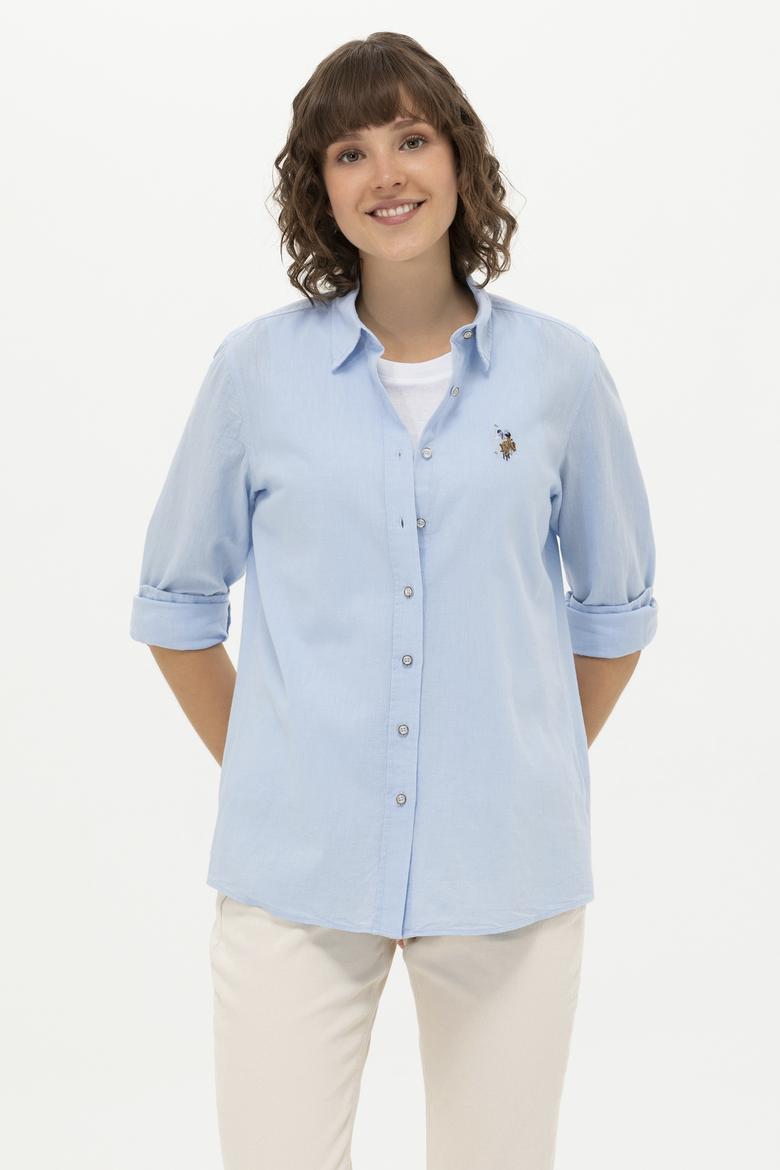 Kadın Mavi Keten Görünümlü Uzun Kollu Basic Gömlek