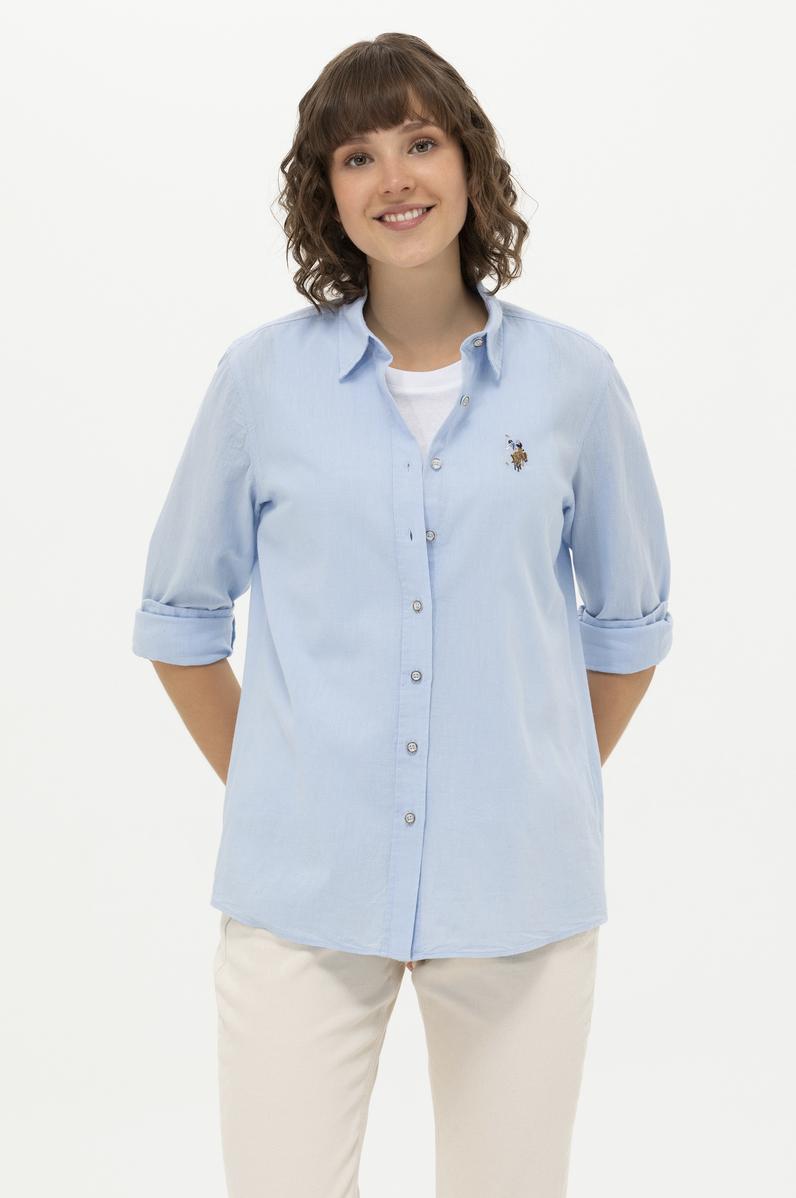 Kadın Mavi Keten Görünümlü Uzun Kollu Basic Gömlek