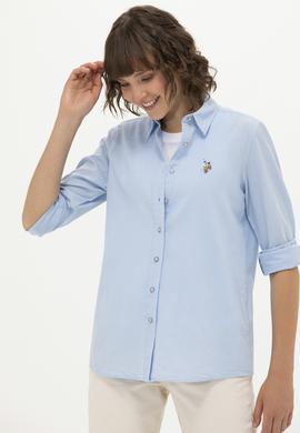 Kadın Mavi Keten Görünümlü Uzun Kollu Basic Gömlek - 50262873039