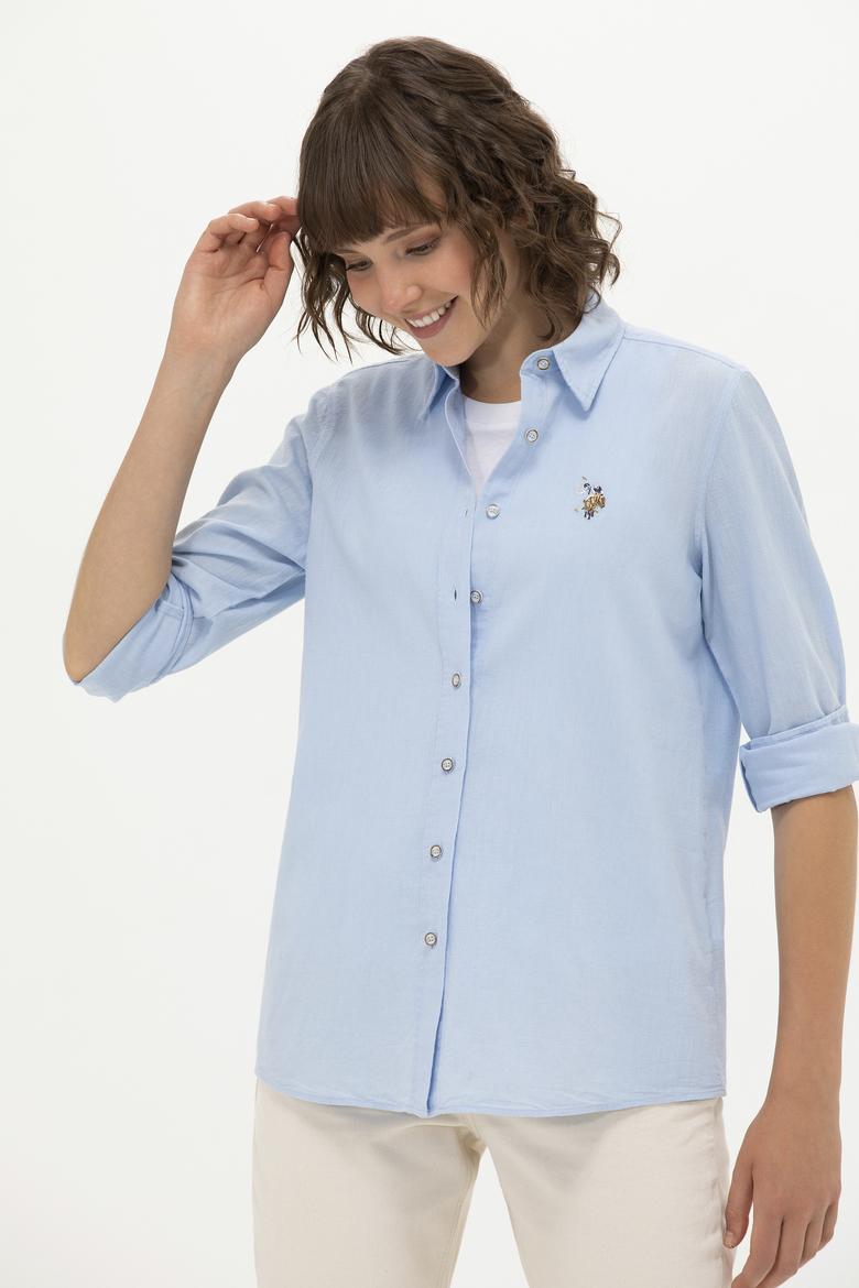 Kadın Mavi Keten Görünümlü Uzun Kollu Basic Gömlek - 50262873039