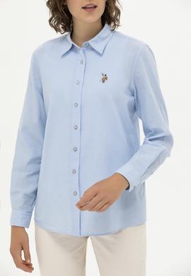 Kadın Mavi Keten Görünümlü Uzun Kollu Basic Gömlek - 50262873039