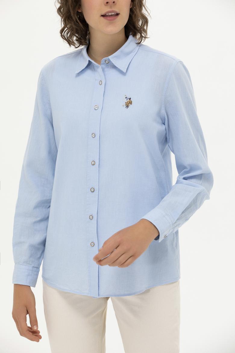 Kadın Mavi Keten Görünümlü Uzun Kollu Basic Gömlek - 50262873039