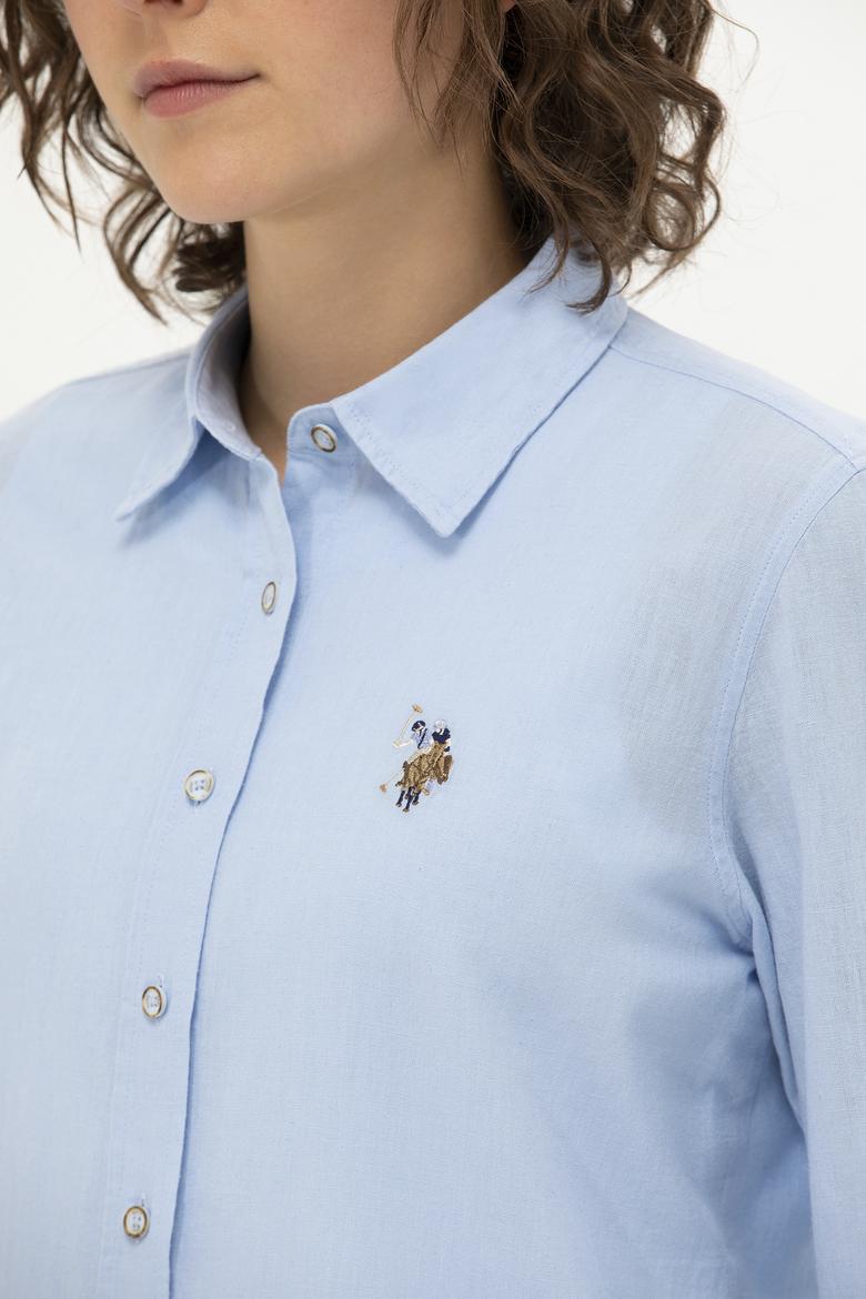 Kadın Mavi Keten Görünümlü Uzun Kollu Basic Gömlek - 50262873039