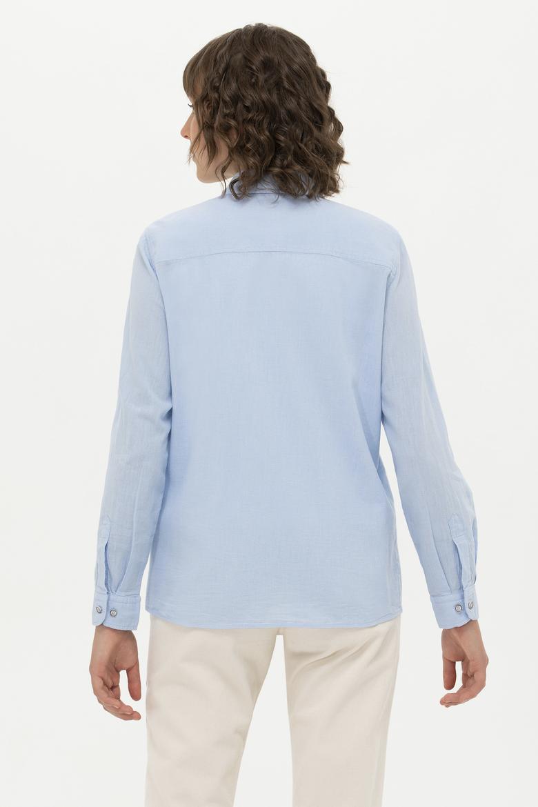 Kadın Mavi Keten Görünümlü Uzun Kollu Basic Gömlek - 50262873039
