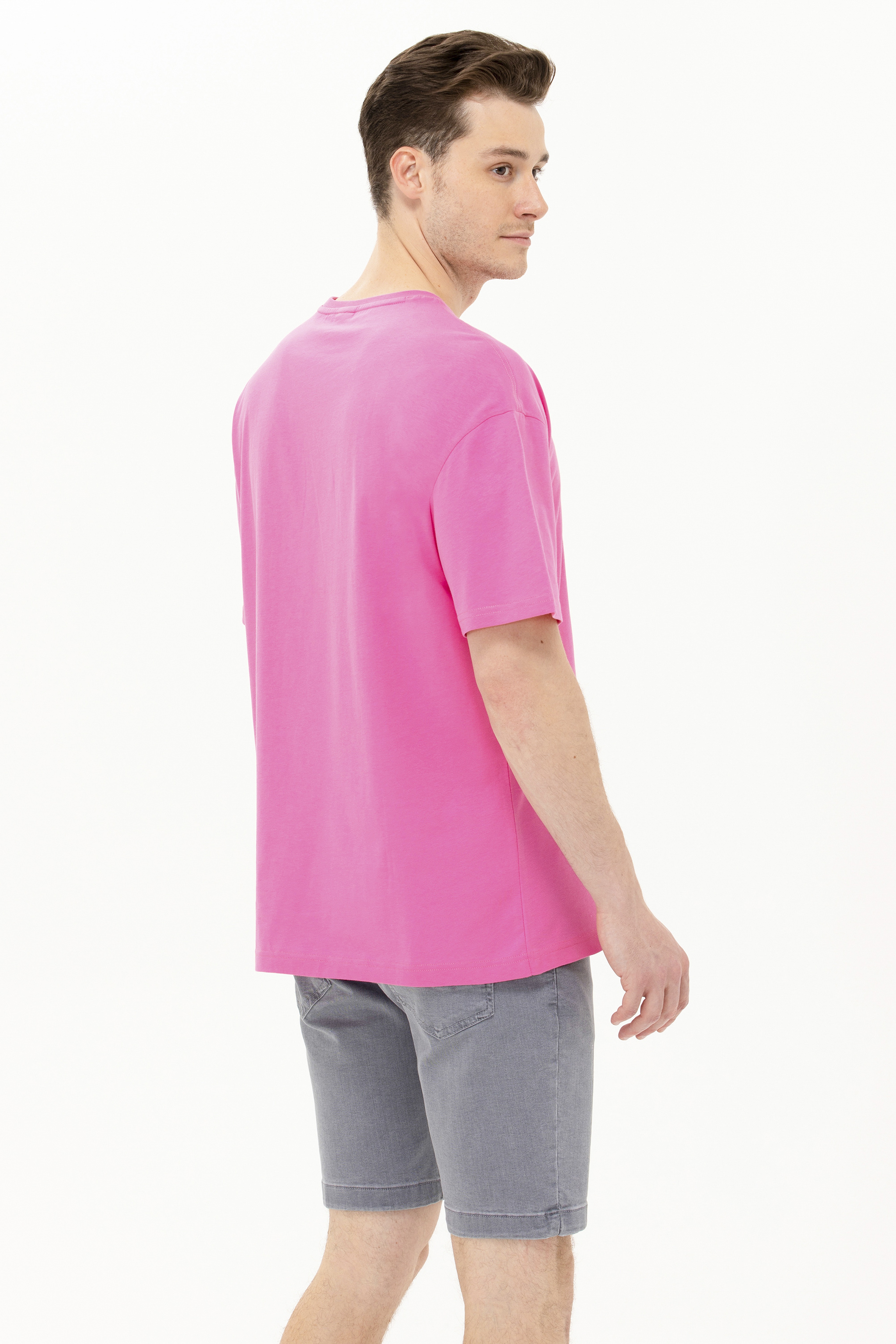 Erkek Pembe Oversize Bisiklet Yaka Tişört - Image 5
