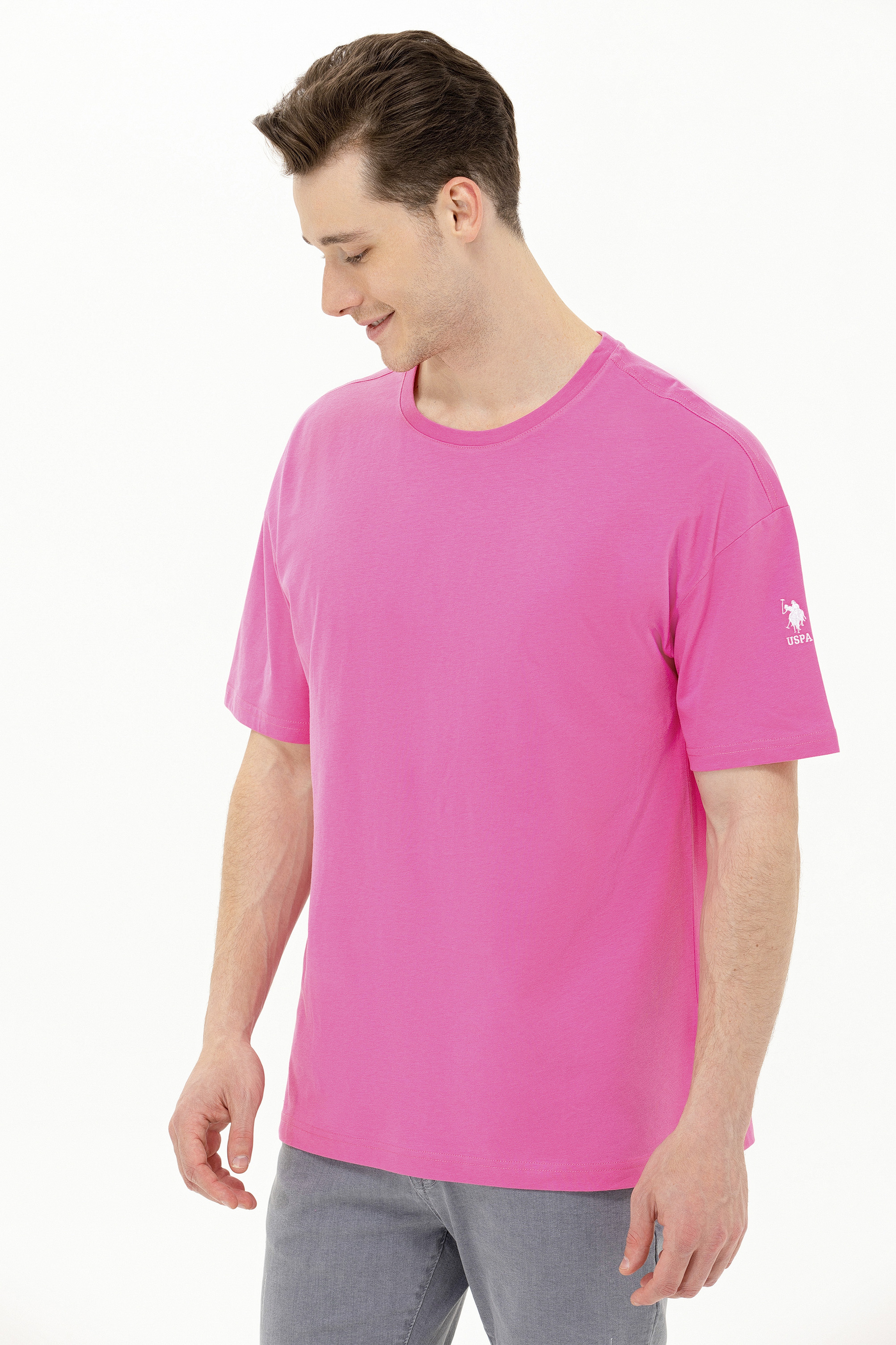 Erkek Pembe Oversize Bisiklet Yaka Tişört - Image 4