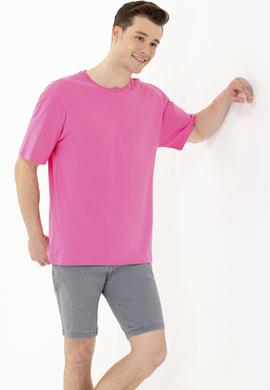 Erkek Pembe Oversize Bisiklet Yaka Tişört - 50264917080