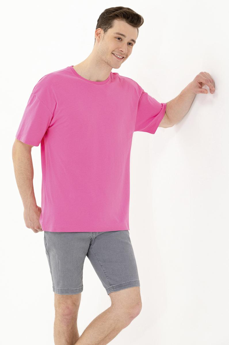 Erkek Pembe Oversize Bisiklet Yaka Tişört