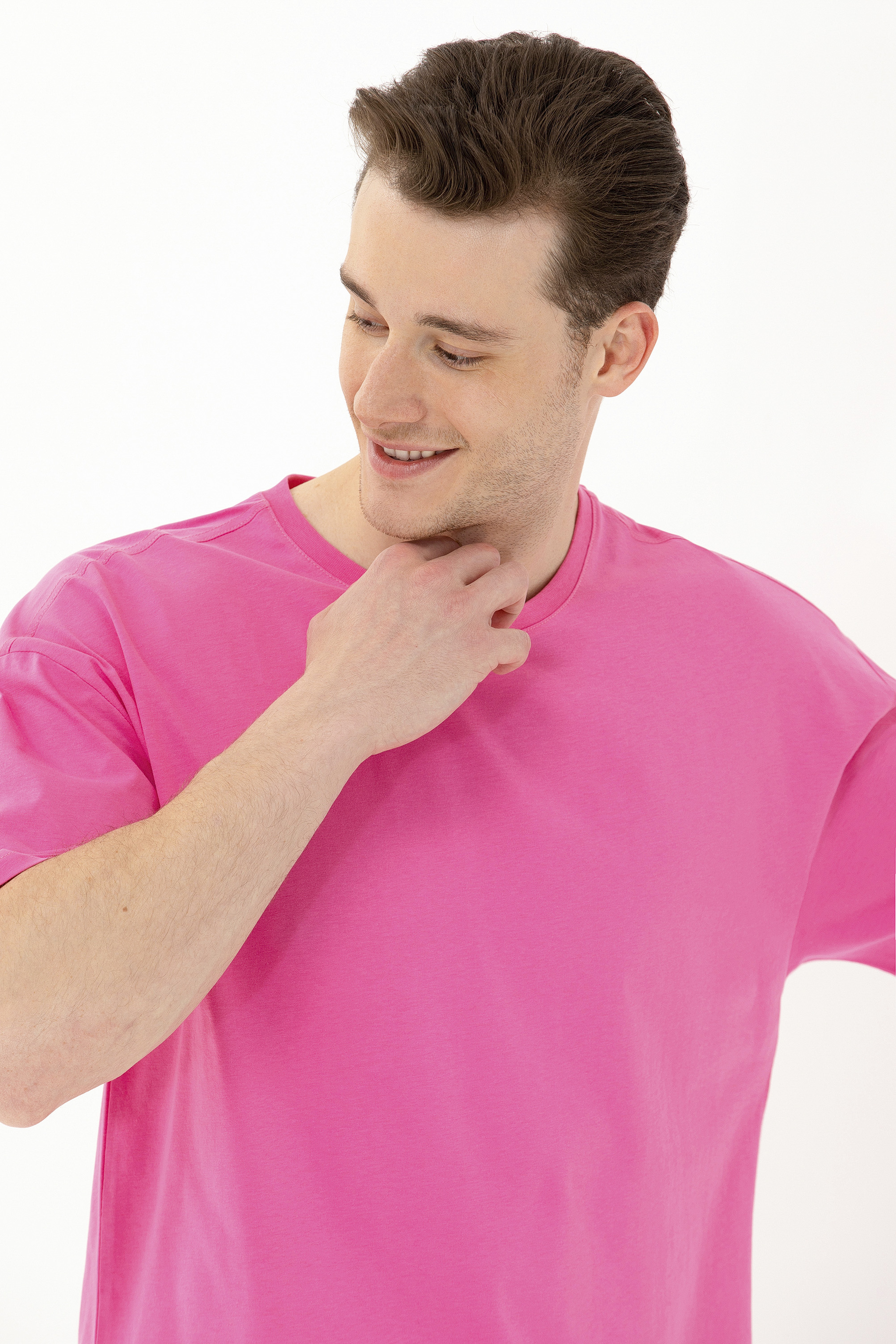 Erkek Pembe Oversize Bisiklet Yaka Tişört - Image 2
